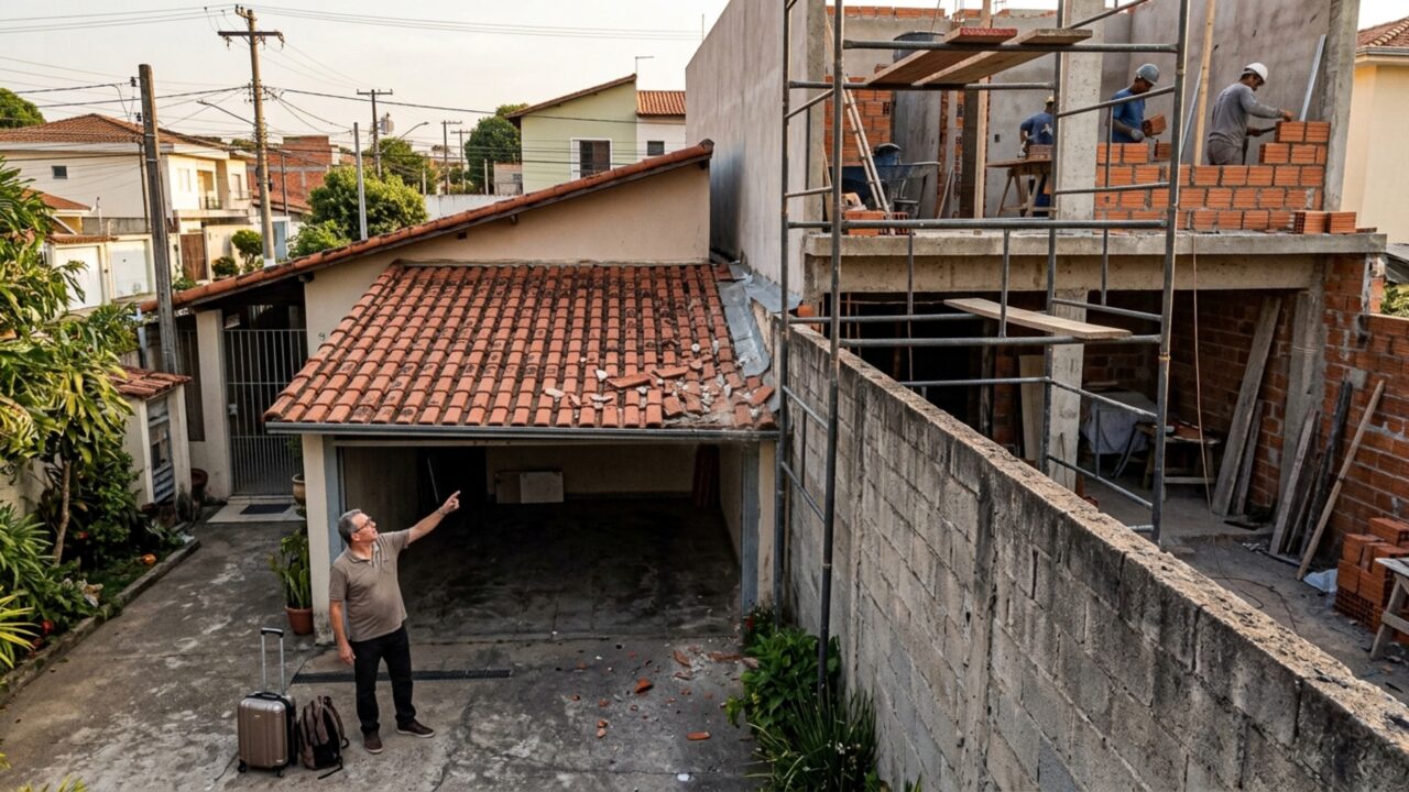 Proprietário volta de viagem e encontra andaime da obra vizinha apoiado sobre o telhado de sua garagem, com várias telhas quebradas