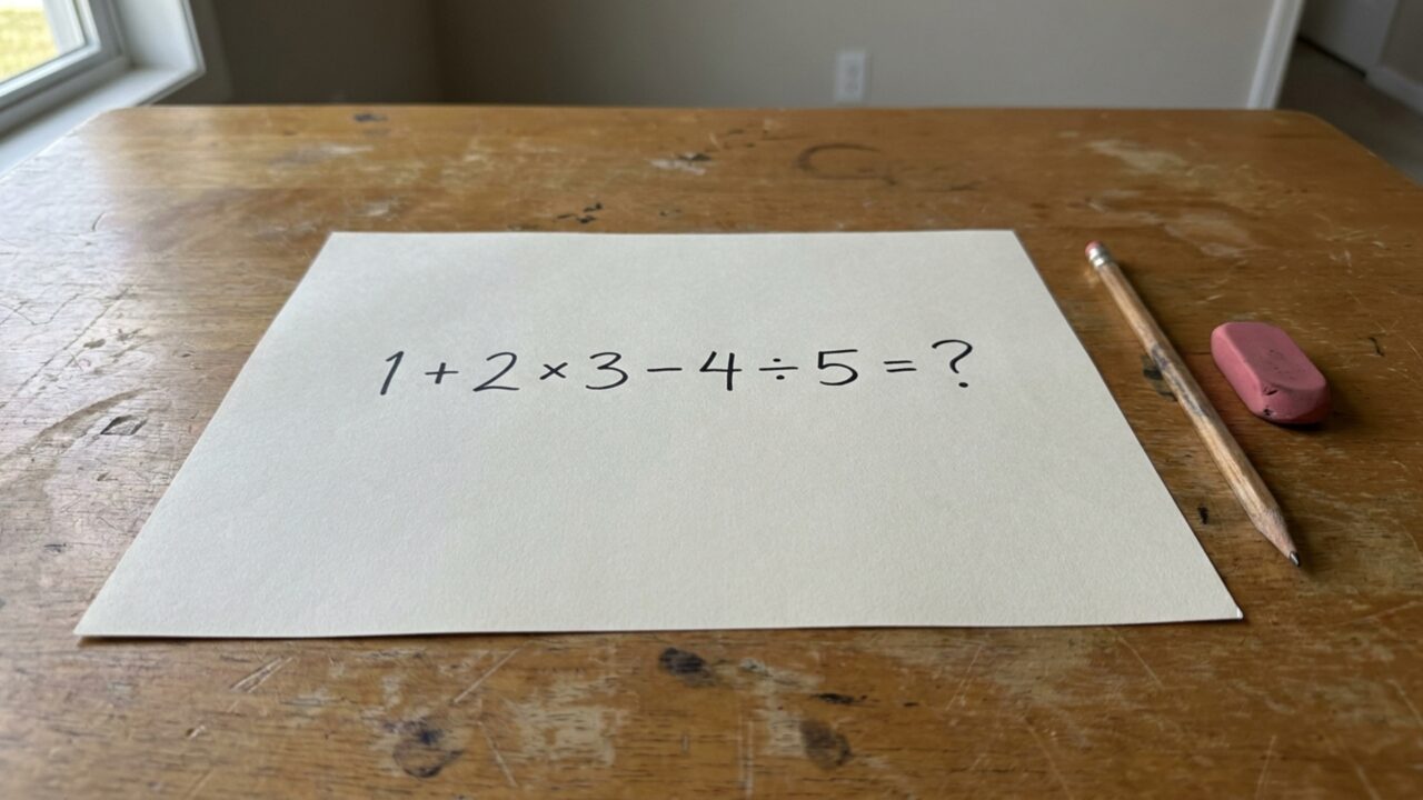 Resolva 1 + 2 × 3 − 4 ÷ 5 e teste se você consegue chegar ao resultado correto sem calculadora