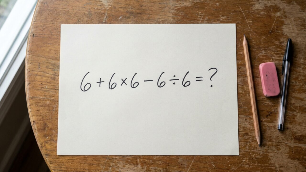 Resolva 6 + 6 × 6 − 6 ÷ 6 e teste se você consegue chegar à resposta correta sem calculadora