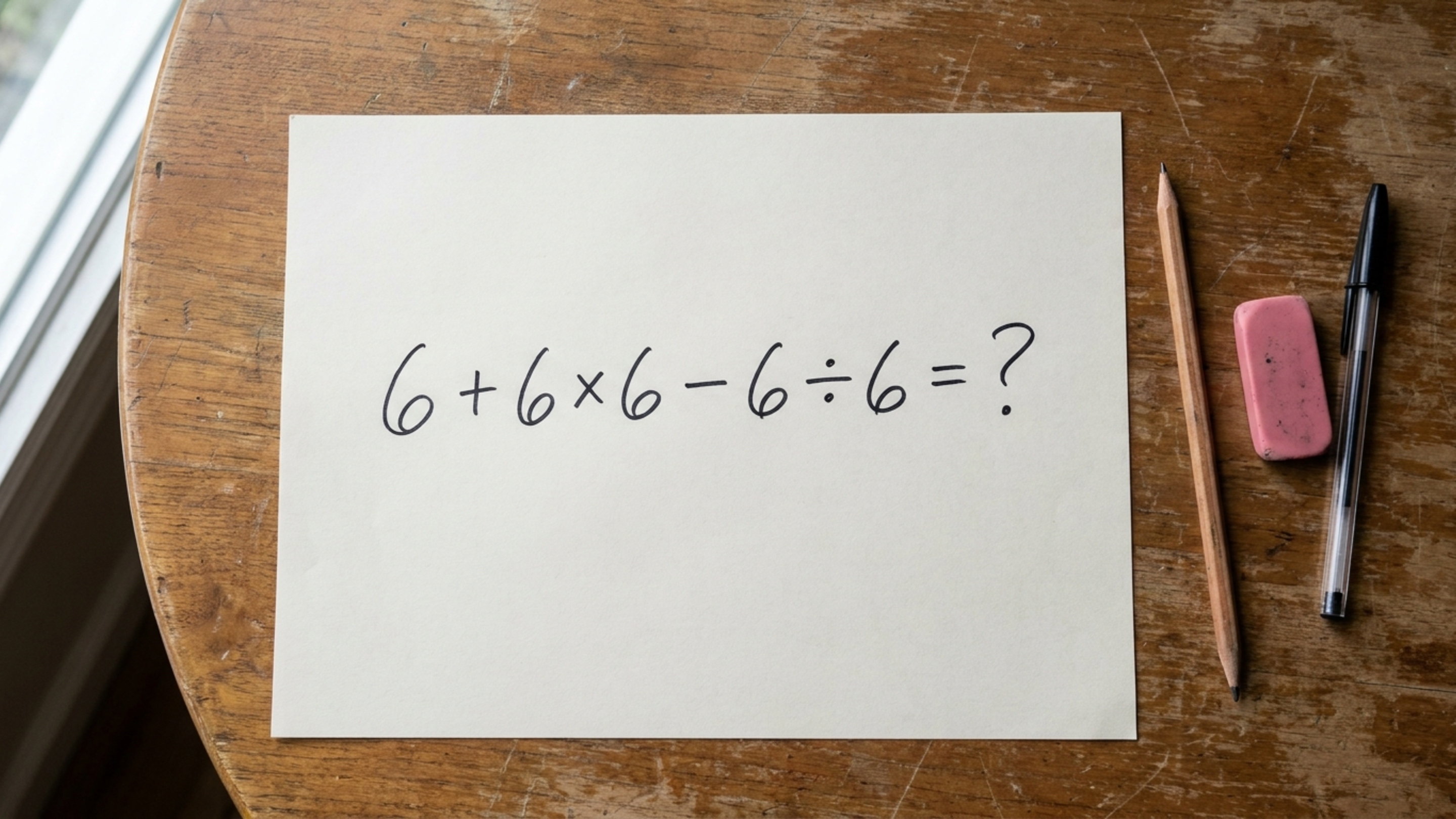Resolva 6 + 6 × 6 − 6 ÷ 6 e teste se você consegue chegar à resposta correta sem calculadora