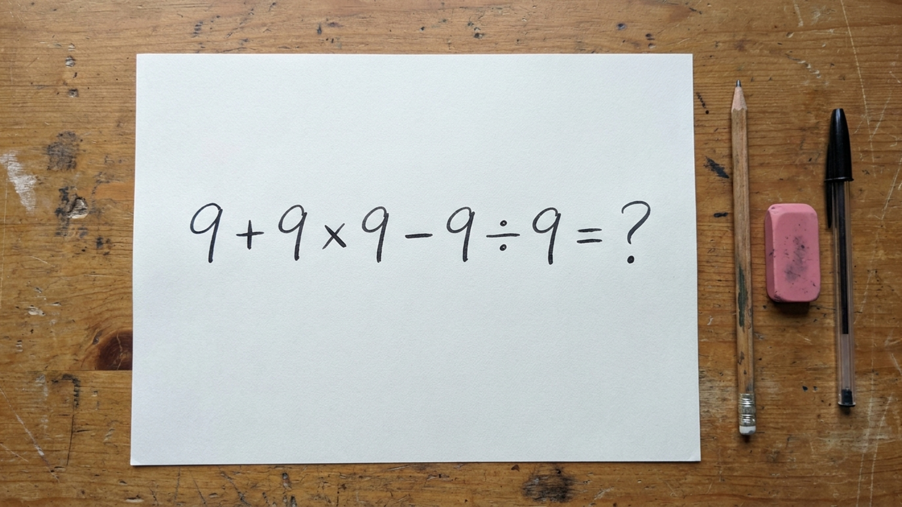 Calcule 9 + 9 × 9 − 9 ÷ 9 e teste se você consegue chegar ao resultado correto sem calculadora