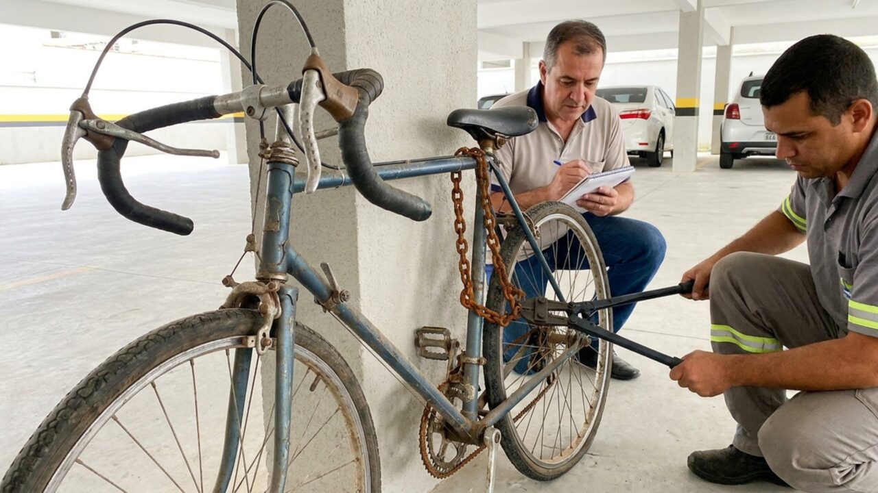 Síndico manda retirar bicicleta enferrujada presa havia anos na garagem, mas morador reaparece dizendo que o objeto era antigo, tinha valor e nunca havia autorizado seu descarte