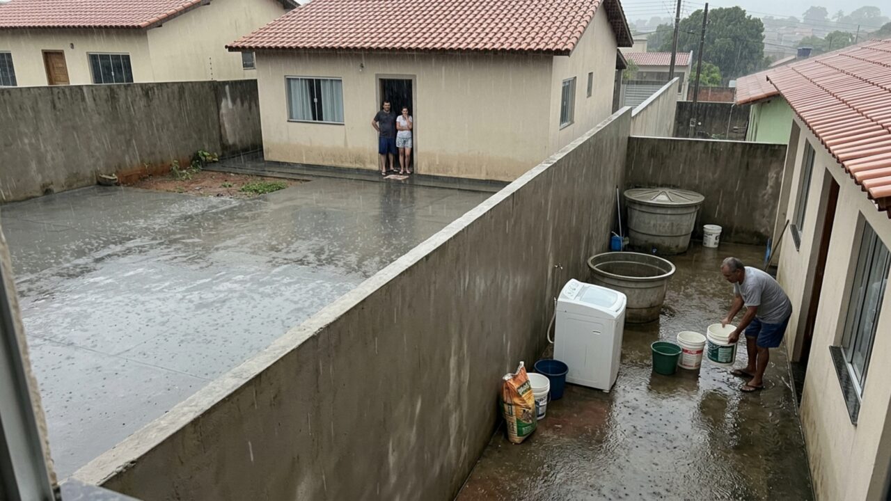 Casal concretiza todo o quintal para acabar com lama e, depois da primeira chuva forte, vizinho descobre que a água passou a invadir sua área de serviço
