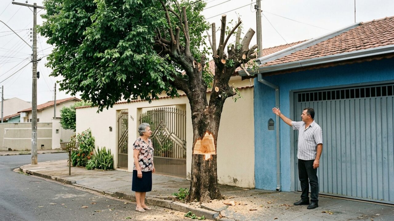 Família planta árvore para fazer sombra na frente da casa e, anos depois, vizinho corta o tronco quase pela metade alegando risco para sua garagem