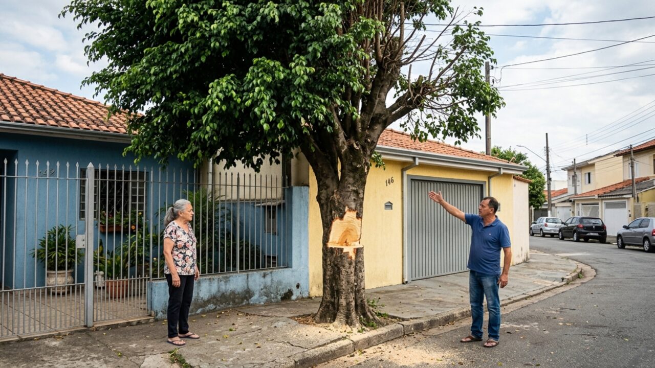 Família planta árvore para fazer sombra na frente da casa e, anos depois, vizinho corta o tronco quase pela metade alegando risco para sua garagem