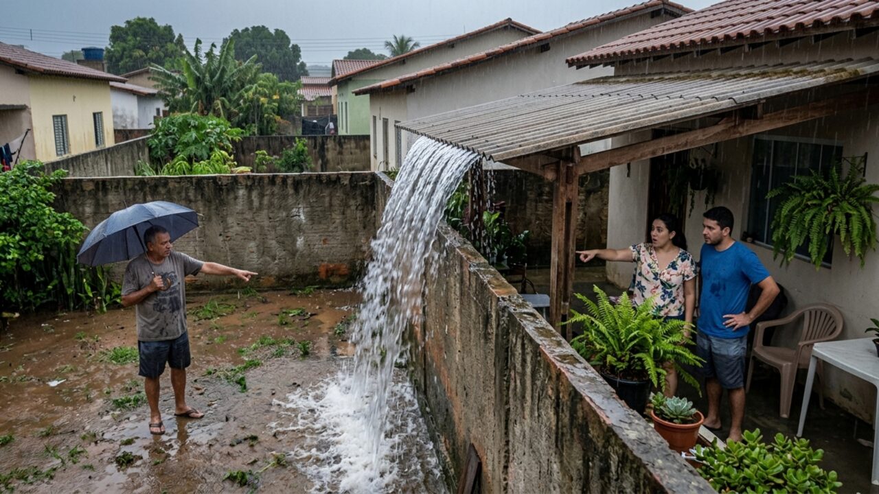 Casal constrói varanda coberta nos fundos da casa e depois de três anos descobre que a água da chuva cai diretamente no quintal vizinho, que exige mudança de todo o telhado