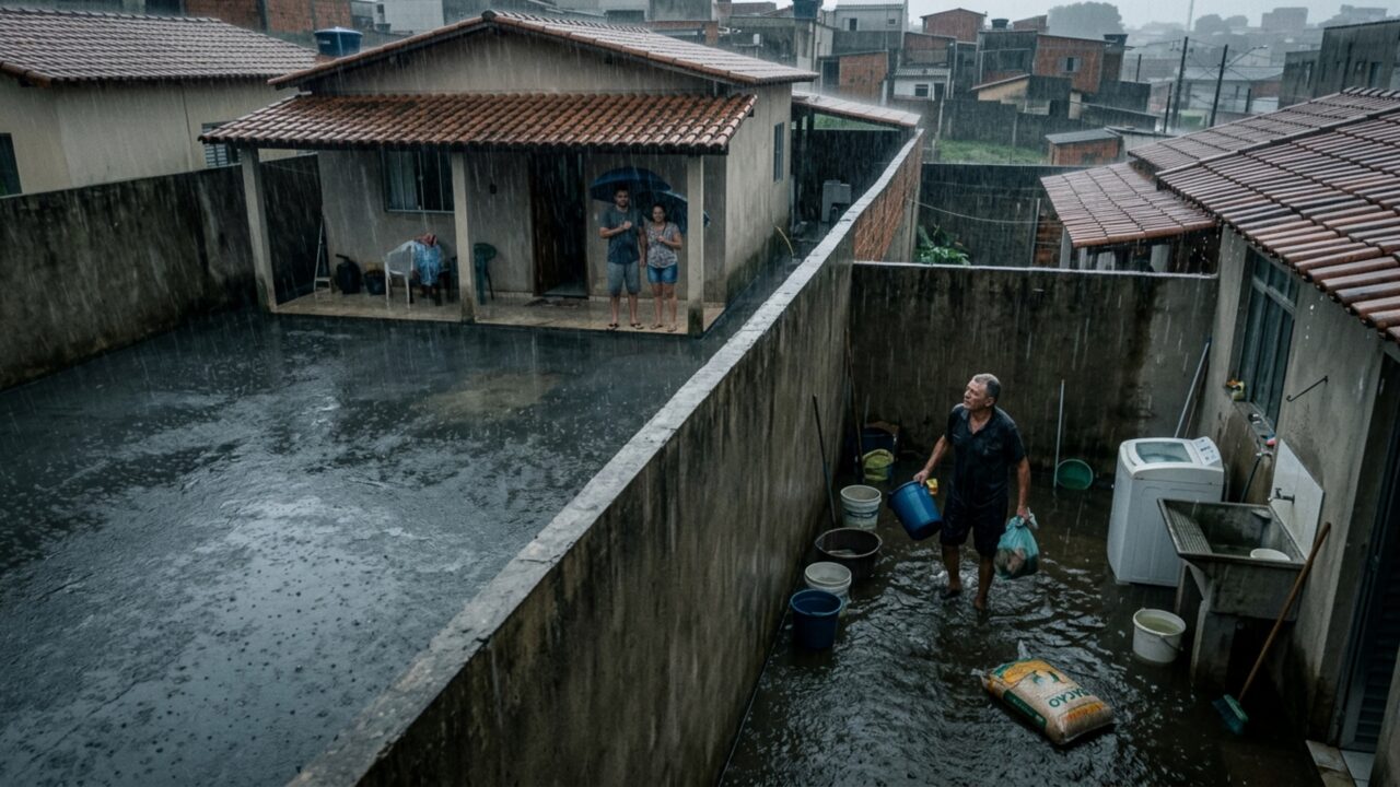 Casal concretiza todo o quintal para acabar com lama e, depois da primeira chuva forte, vizinho descobre que a água passou a invadir sua área de serviço