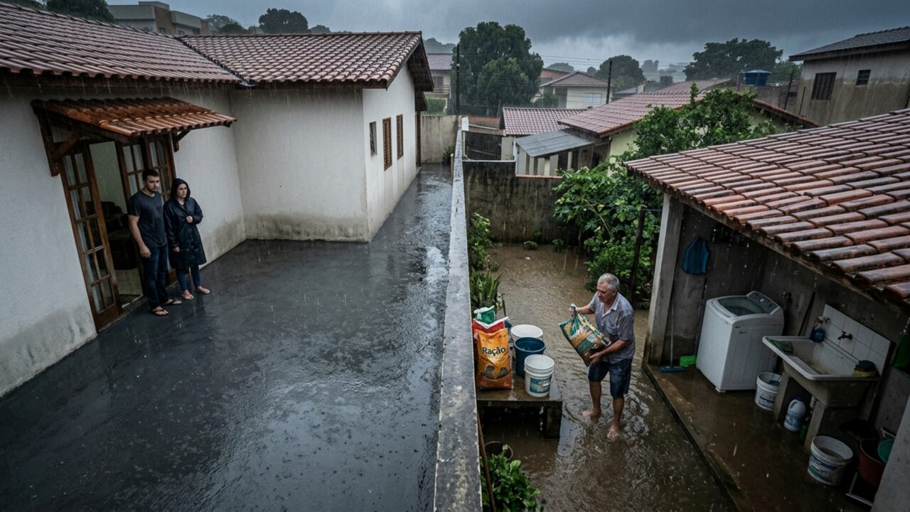 Homem concretiza todo o quintal para acabar com lama e, depois da primeira chuva forte, o vizinho descobre que a água passou a invadir sua área de serviço