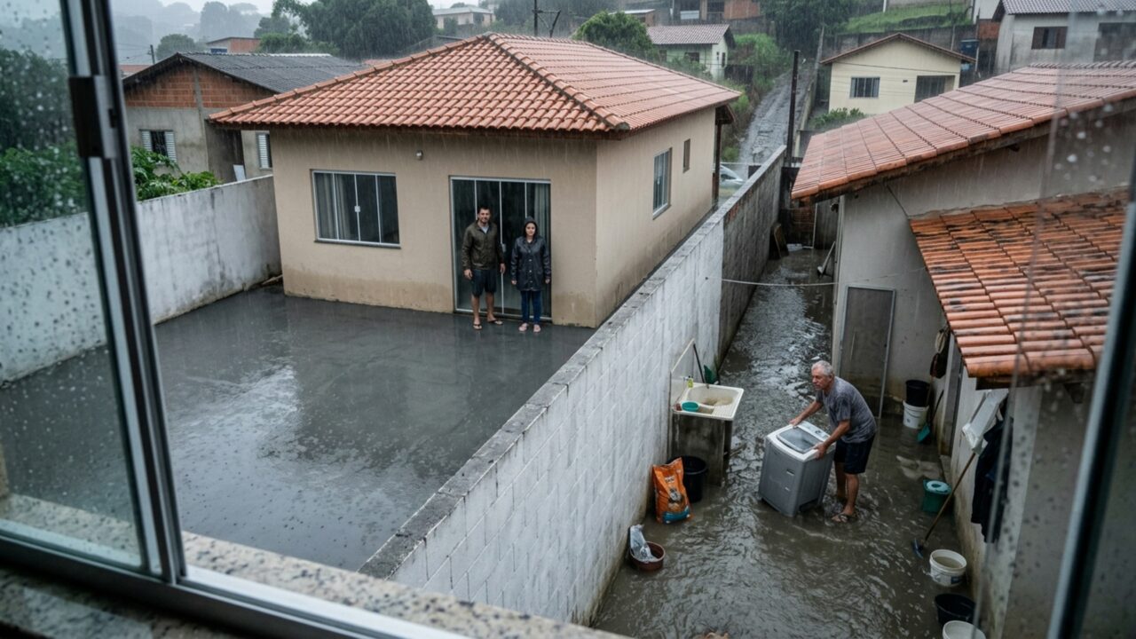Homem concretiza todo o quintal para acabar com lama e, depois da primeira chuva forte, o vizinho descobre que a água passou a invadir sua área de serviço