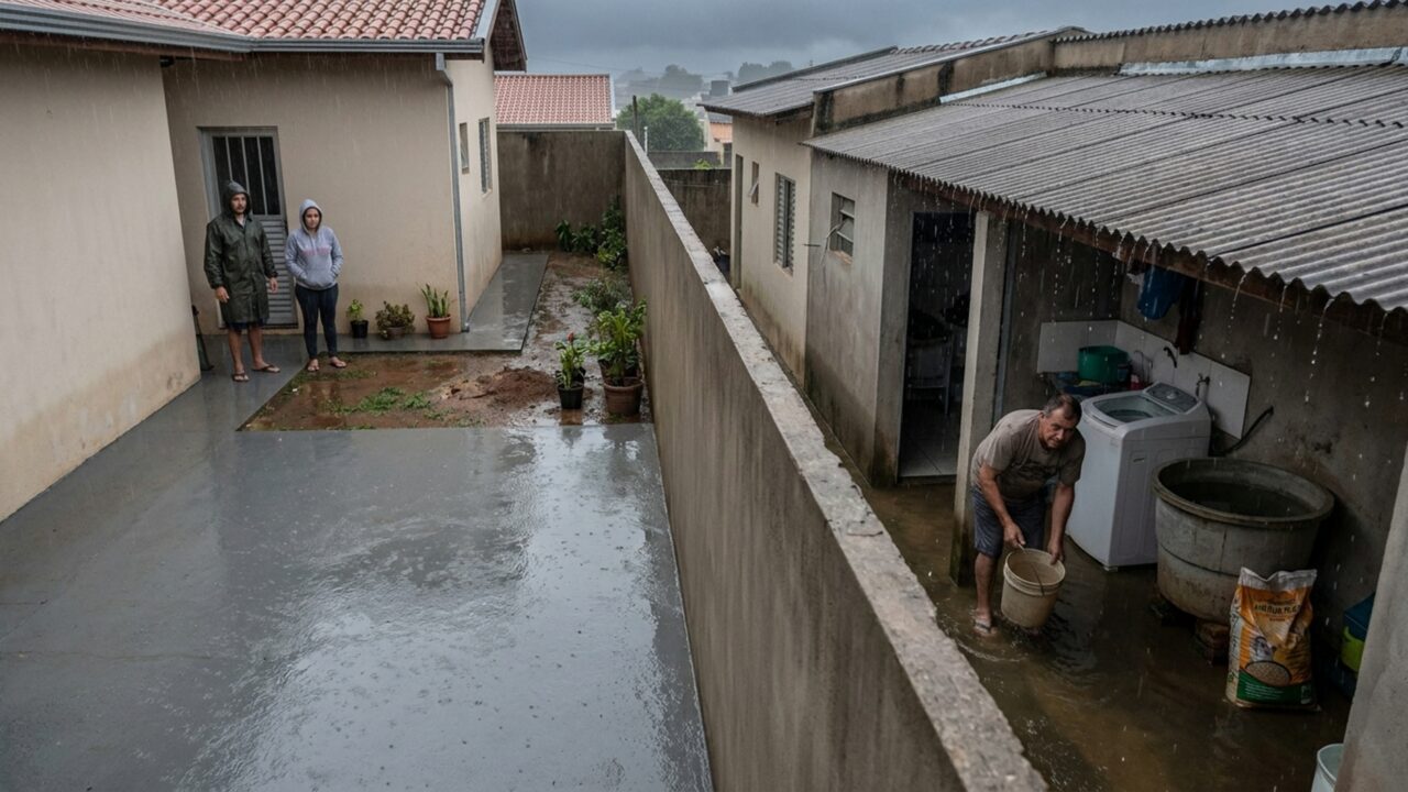 Homem concretiza todo o quintal para acabar com lama e, depois da primeira chuva forte, vizinho descobre que a água passou a invadir sua área de serviço