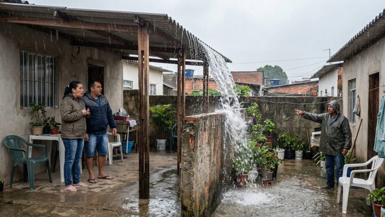 Casal constrói varanda coberta nos fundos da casa e depois de três anos descobre que a água da chuva cai diretamente no quintal vizinho, que exige mudança de todo o telhado