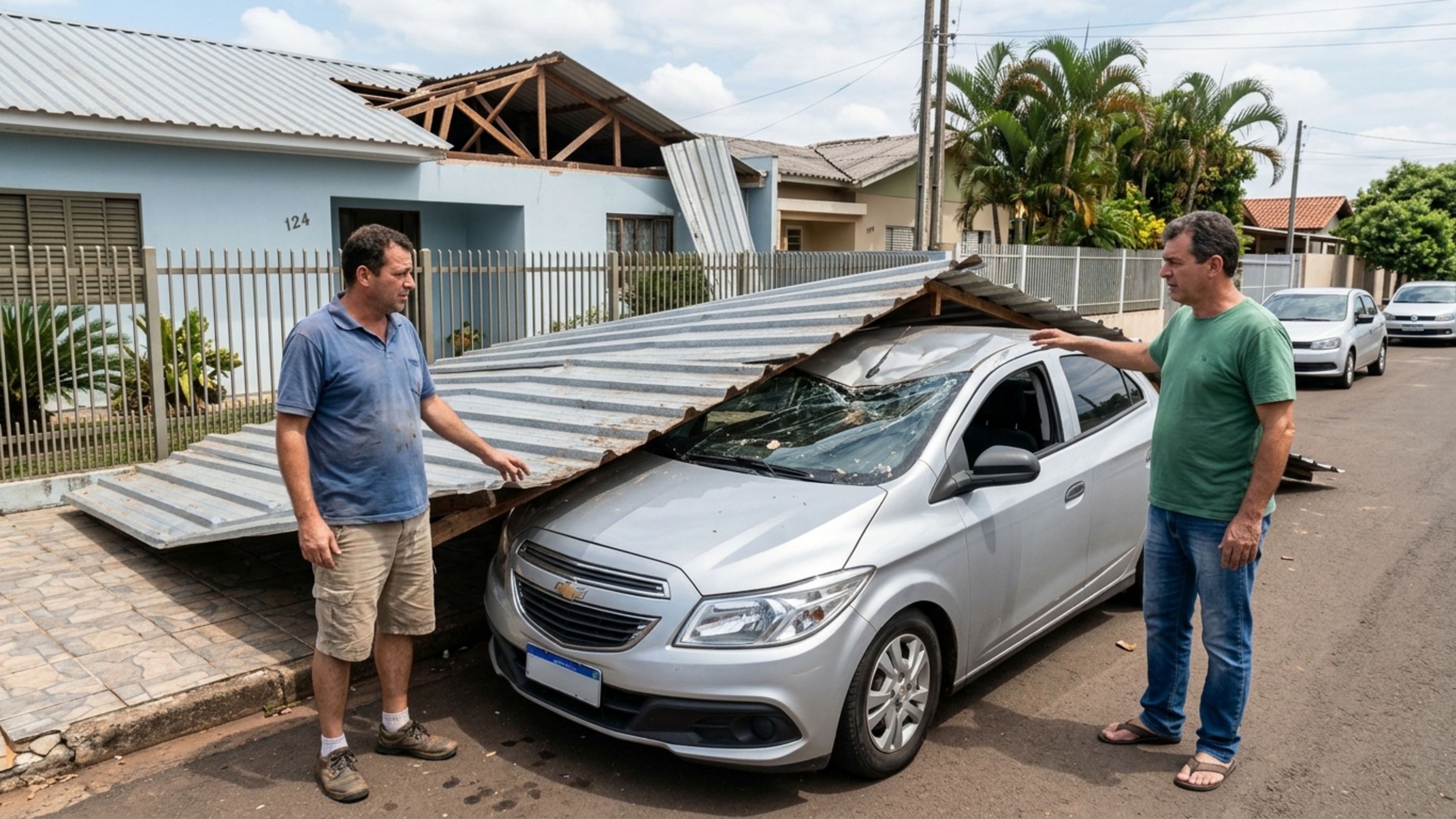 Proprietário coloca cobertura metálica na entrada da casa e, na primeira ventania forte, parte da estrutura se solta e cai sobre o carro do vizinho