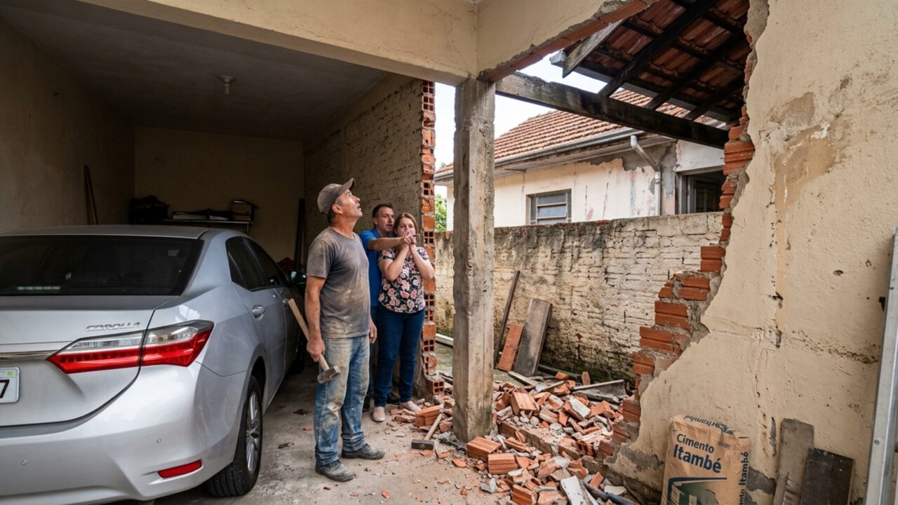 Casal compra casa antiga, derruba o muro para fazer uma garagem maior e durante a obra descobre que uma coluna considerada sua também sustentava parte do telhado vizinho