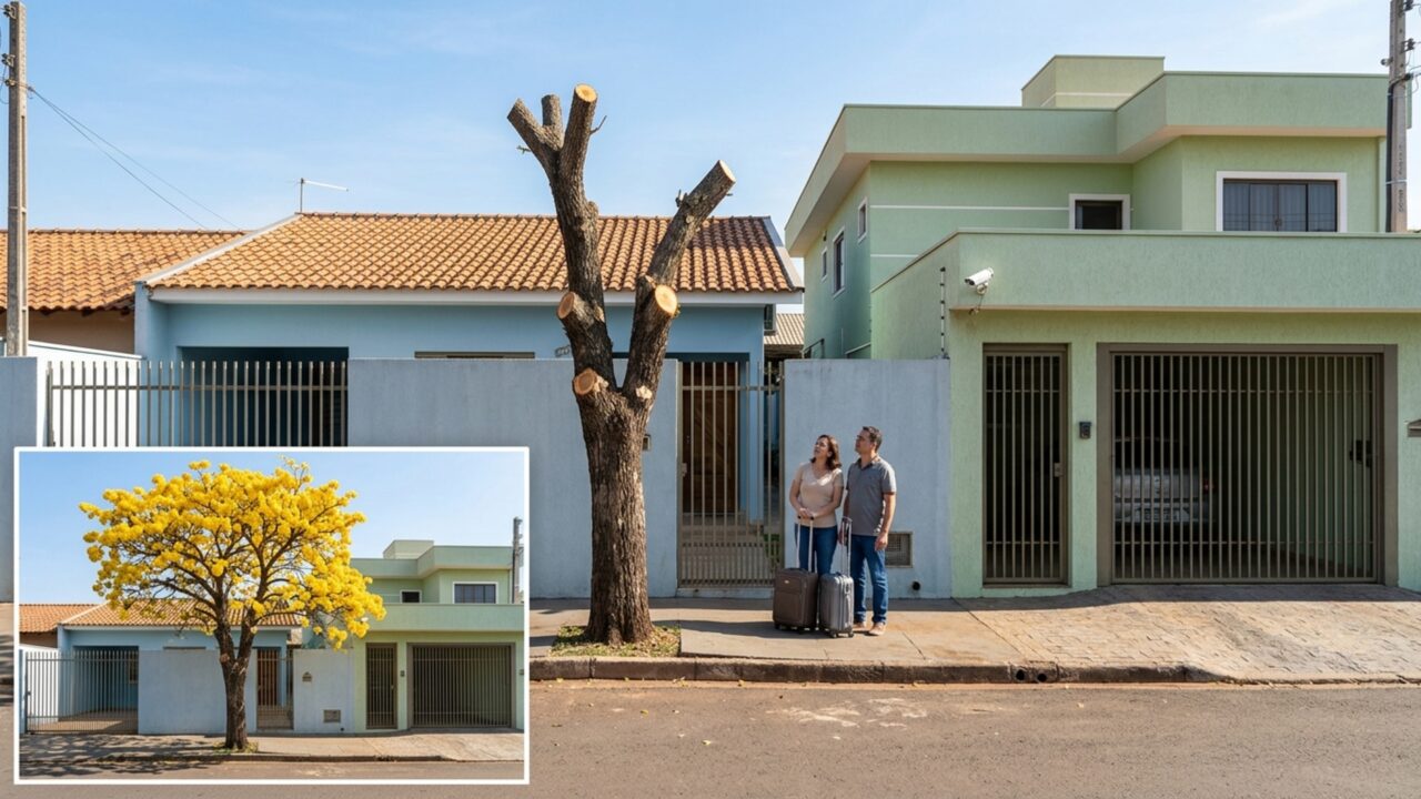 Família volta de viagem e encontra árvore do quintal podada quase até o tronco porque vizinho dizia que os galhos estavam bloqueando sua câmera de segurança