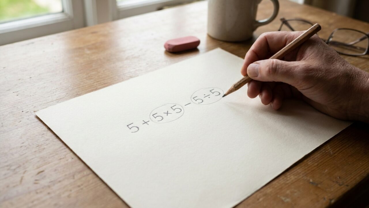 Resolva 5 + 5 × 5 − 5 ÷ 5 e teste se você consegue chegar ao resultado correto sem calculadora