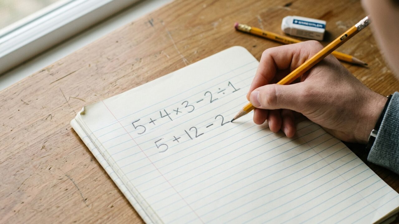 Resolva 5 + 4 × 3 − 2 ÷ 1 e teste se você consegue chegar ao resultado correto sem calculadora