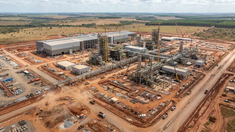 Megaobra de R$ 25 bilhões ocupa uma área de 3 km por 2 km no interior do Brasil e ergue a maior fábrica de celulose de linha única do mundo, capaz de produzir 3,5 milhões de toneladas por ano