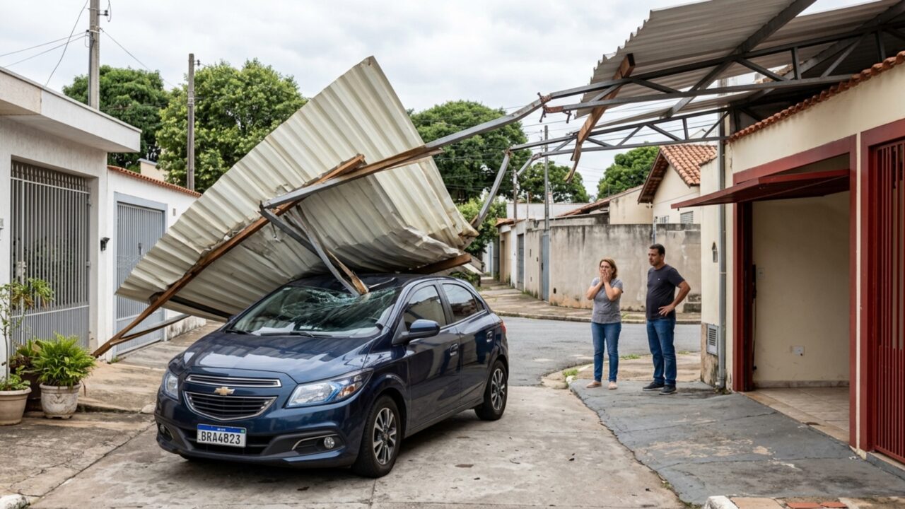 Proprietário coloca cobertura metálica na entrada da casa e, na primeira ventania forte, parte da estrutura se solta e cai sobre o carro do vizinho