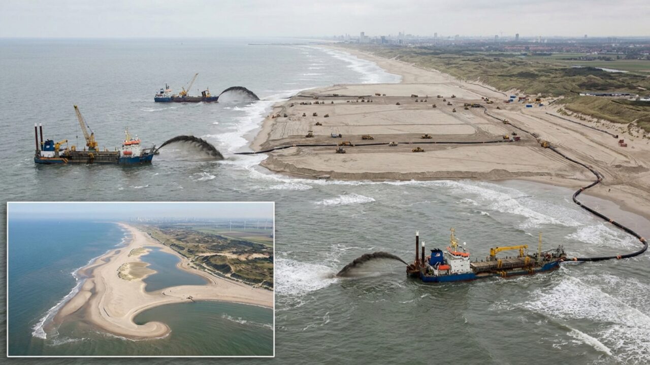 País usa 21,5 milhões de metros cúbicos de areia para formar península artificial que protege a costa do avanço do mar