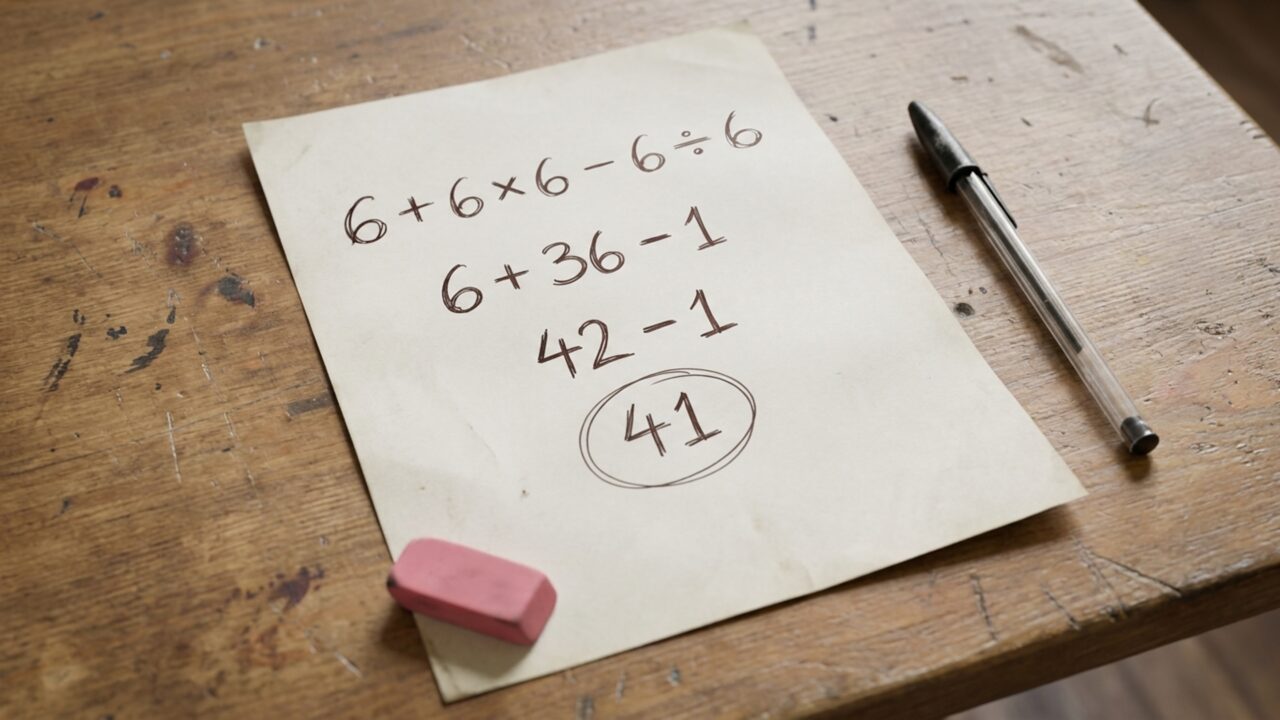 Resolva 6 + 6 × 6 − 6 ÷ 6 e teste se você consegue chegar à resposta correta sem calculadora