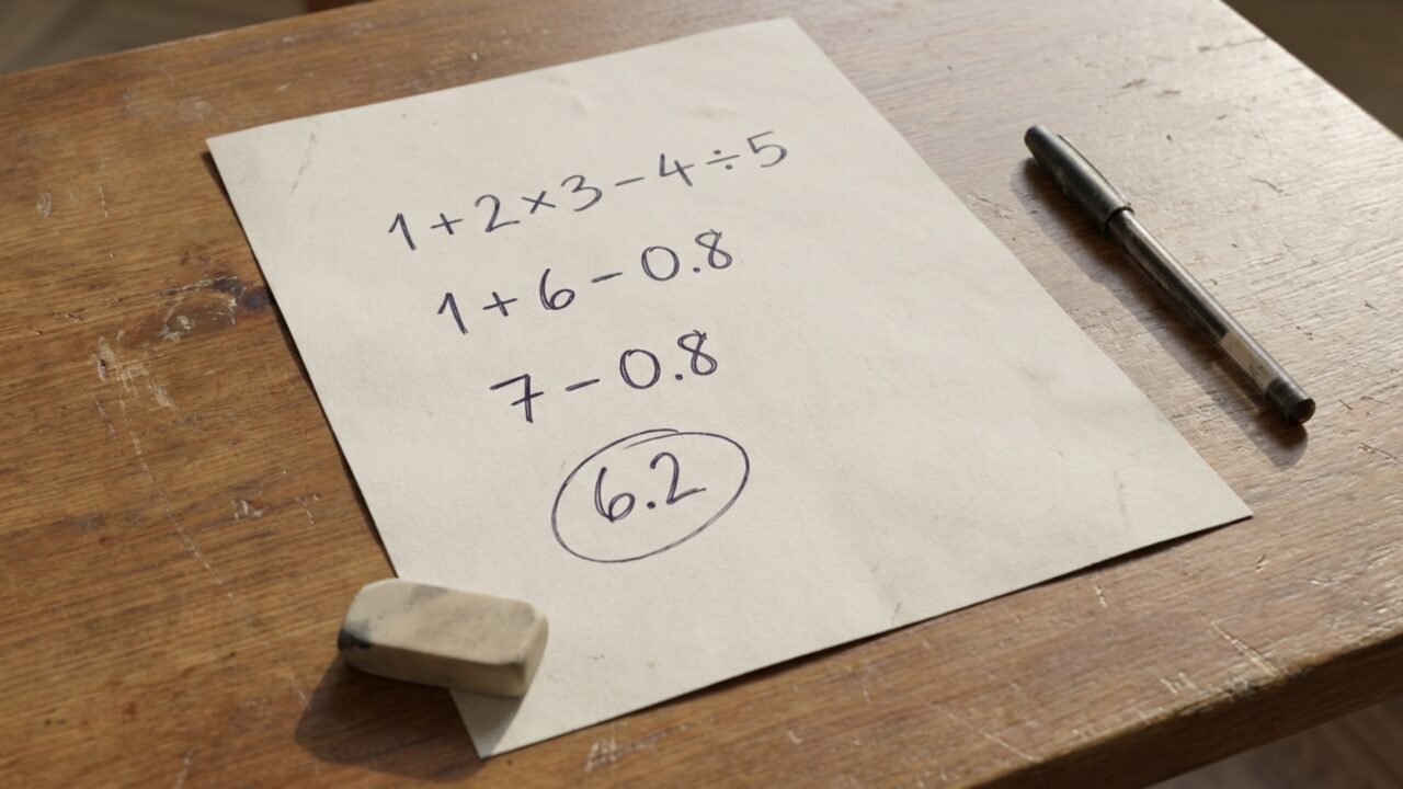 Resolva 1 + 2 &times; 3 &minus; 4 &divide; 5 e teste se voc&ecirc; consegue chegar ao resultado correto sem calculadora