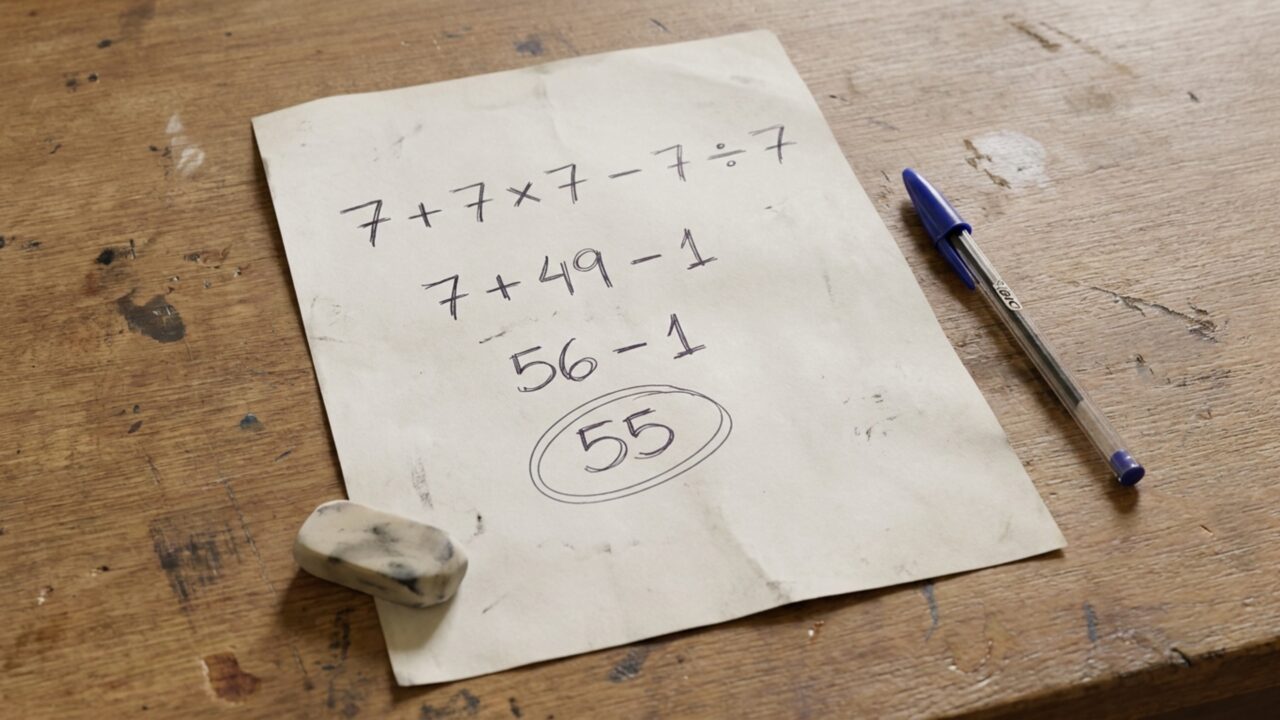 Resolva 7 + 7 × 7 − 7 ÷ 7 e veja se você consegue chegar ao resultado correto sem calculadora