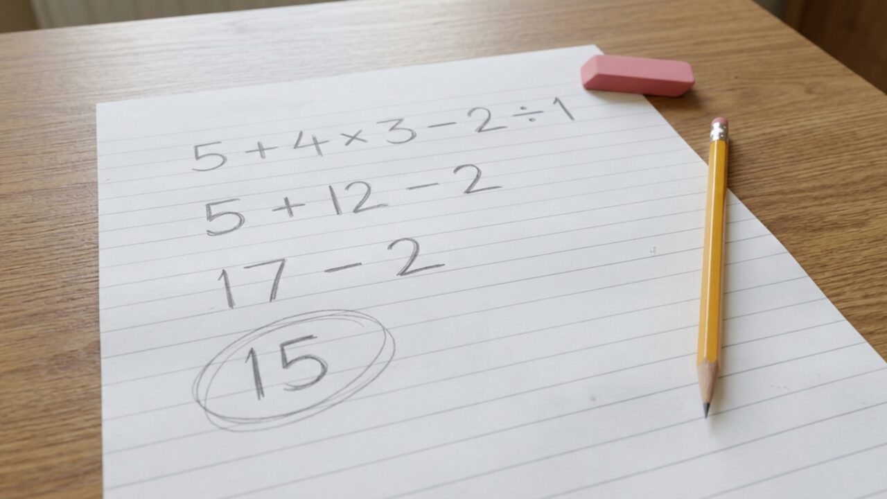 Resolva 5 + 4 × 3 − 2 ÷ 1 e teste se você consegue chegar ao resultado correto sem calculadora