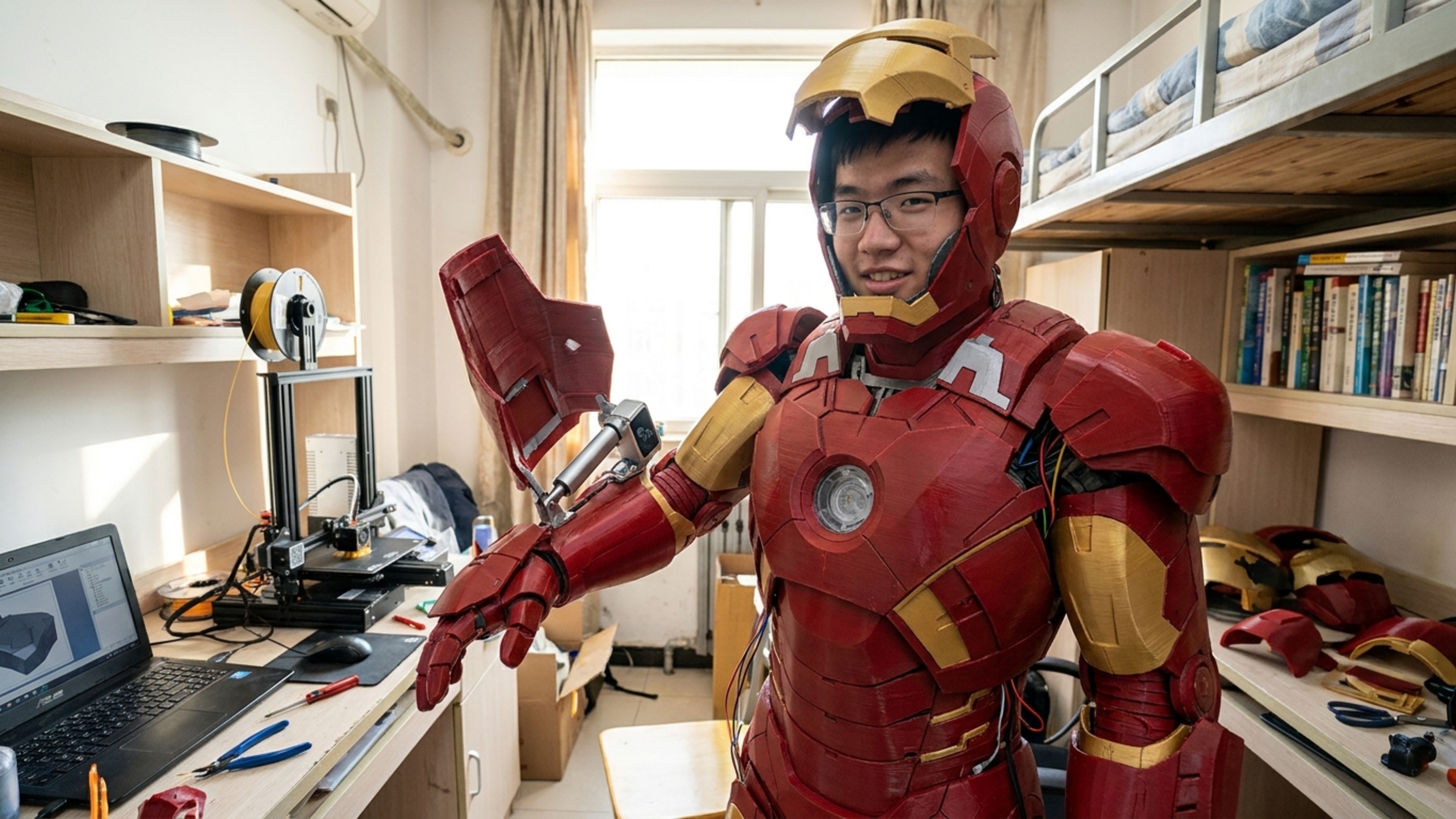 Aos 21 anos, universitário transforma o quarto em oficina e cria armadura do Homem de Ferro com voz e impressão 3D