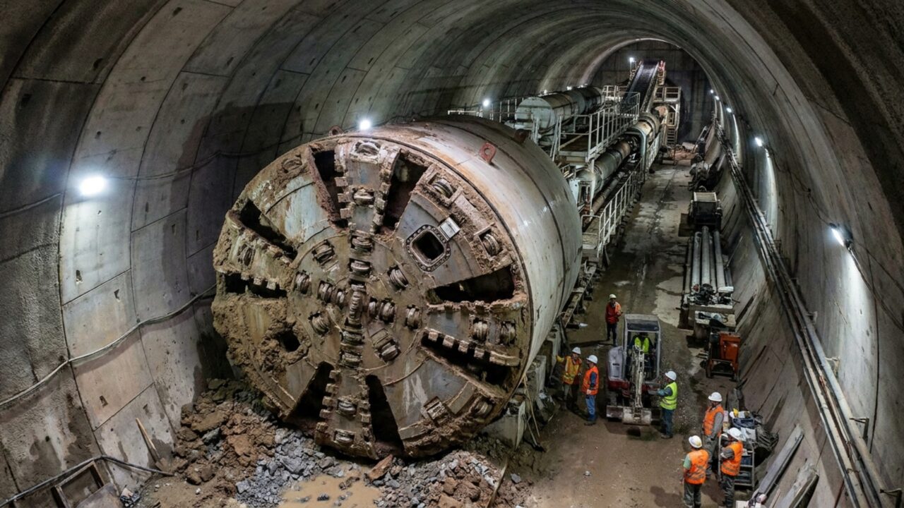 Máquina de 2.100 toneladas e 100 metros de comprimento abre um túnel sob São Paulo e instala o concreto enquanto avança até 15 metros por dia