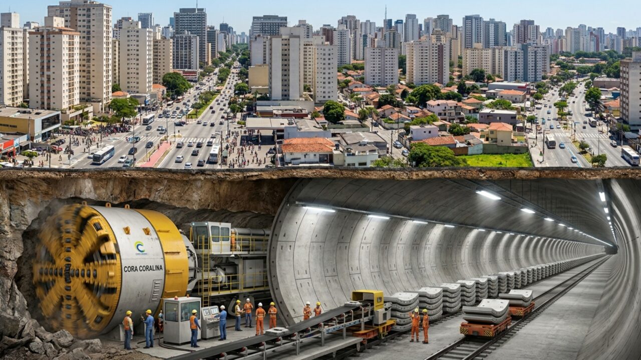 Máquina de 2.100 toneladas e 100 metros de comprimento abre um túnel sob São Paulo e instala o concreto enquanto avança até 15 metros por dia