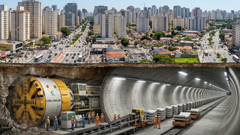 Máquina de 2.100 toneladas e 100 metros de comprimento abre um túnel sob São Paulo e instala o concreto enquanto avança até 15 metros por dia