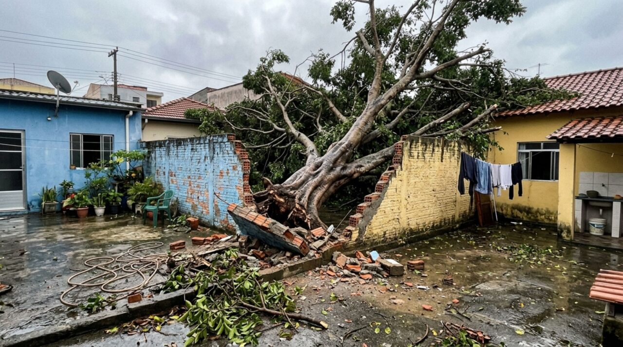 Árvore de 30 anos do terreno vizinho cai durante forte chuva e destrói parte do muro compartilhado entre os terrenos, homem alega que o dono da árvore deveria arcar com todo o custo da reforma, mas vizinho alega caso fortuito e que o valor deveria ser divido entre os moradores