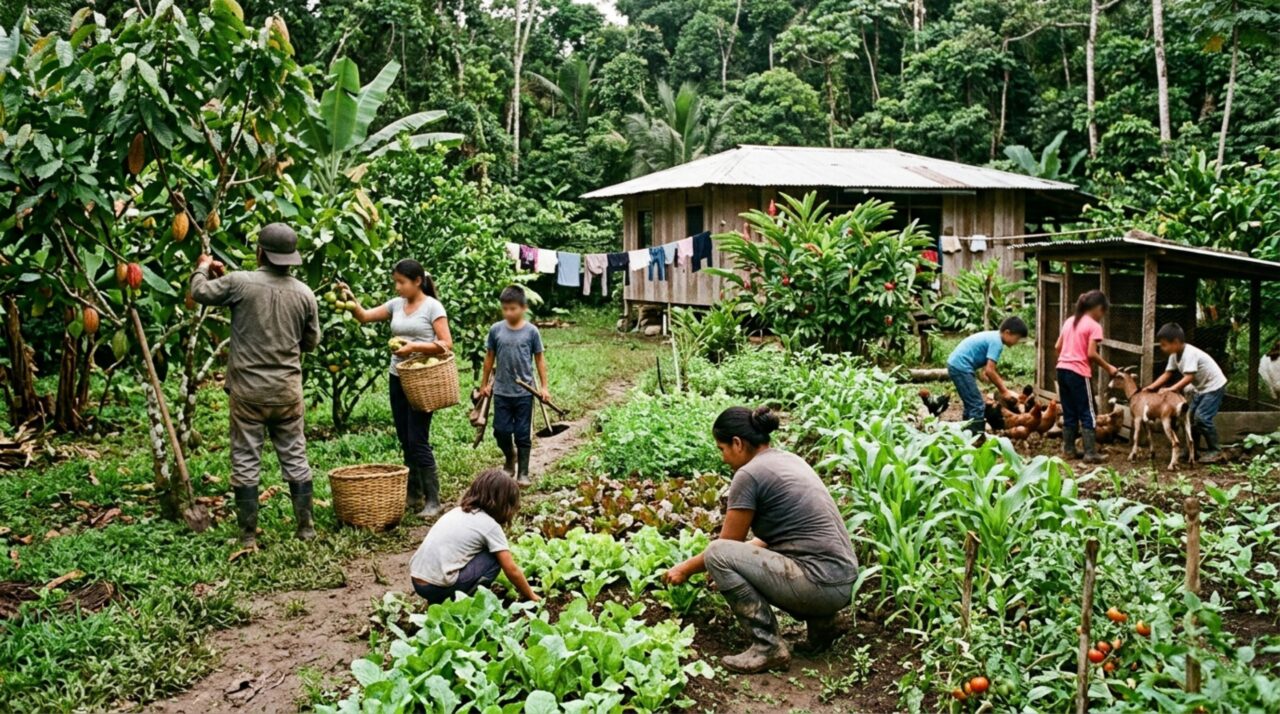 Natalie e Michael, pais de 6 filhos, vivem na selva e dividem os dias entre colher frutas, estudar em casa, preparar a terra e cuidar dos animais