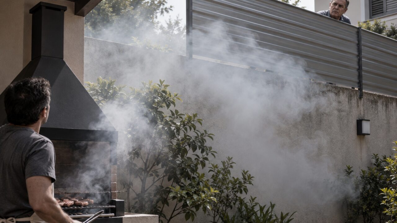 Família instala churrasqueira nova e vizinho decide levantar uma chapa metálica acima do muro para bloquear fumaça, mas estrutura passa a devolver tudo para o mesmo quintal