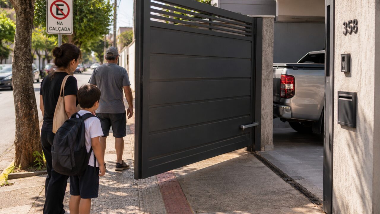 Família troca portão manual por automático e pedestres começam a reclamar que estrutura abre para fora e ocupa toda a calçada por alguns segundos