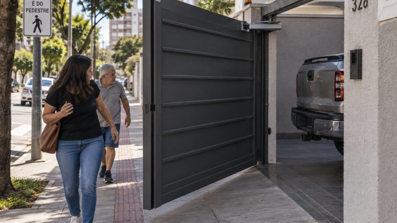 Família troca portão manual por automático e pedestres começam a reclamar que estrutura abre para fora e ocupa toda a calçada por alguns segundos