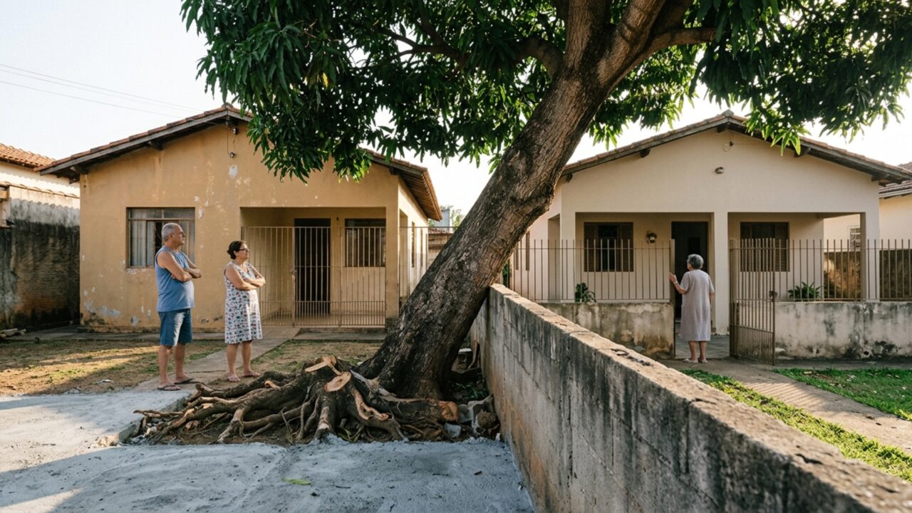 Uma árvore plantada há mais de 20 anos começa a inclinar depois que vizinho corta raízes para refazer a calçada e os dois lados passam a discutir quem deve removê-la