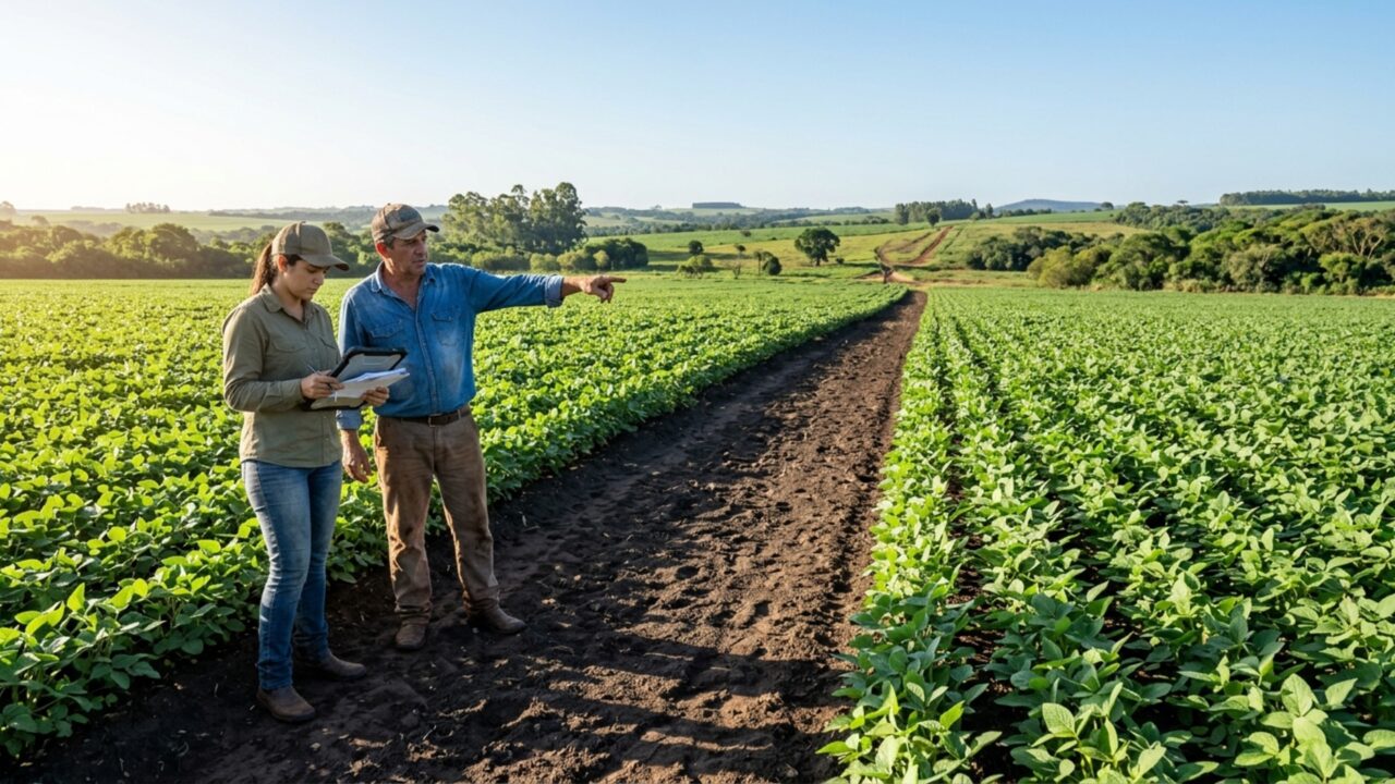 Agricultor atravessa a lavoura depois da germinação e encontra faixas inteiras sem plantas seguindo exatamente o caminho de uma linha da semeadora