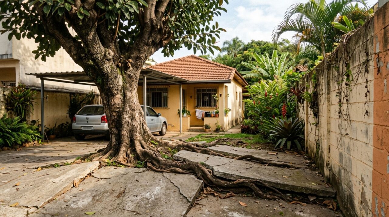 Morador planta uma figueira perto do muro e, anos depois, as raízes levantam o piso da garagem e rompem a tubulação de esgoto do vizinho