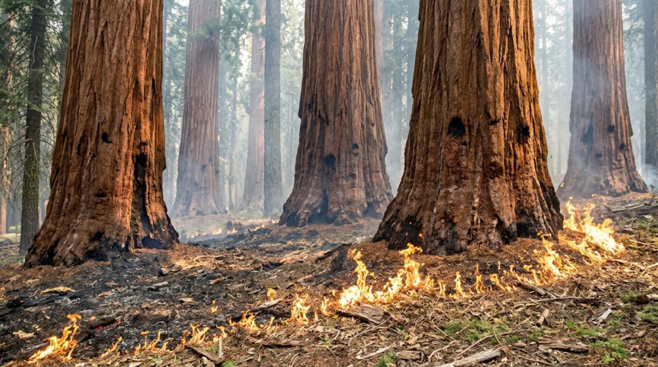 Sequoias gigantes podem viver mais de três mil anos e carregam no tronco marcas de incêndios que ajudaram a moldar a floresta ao redor