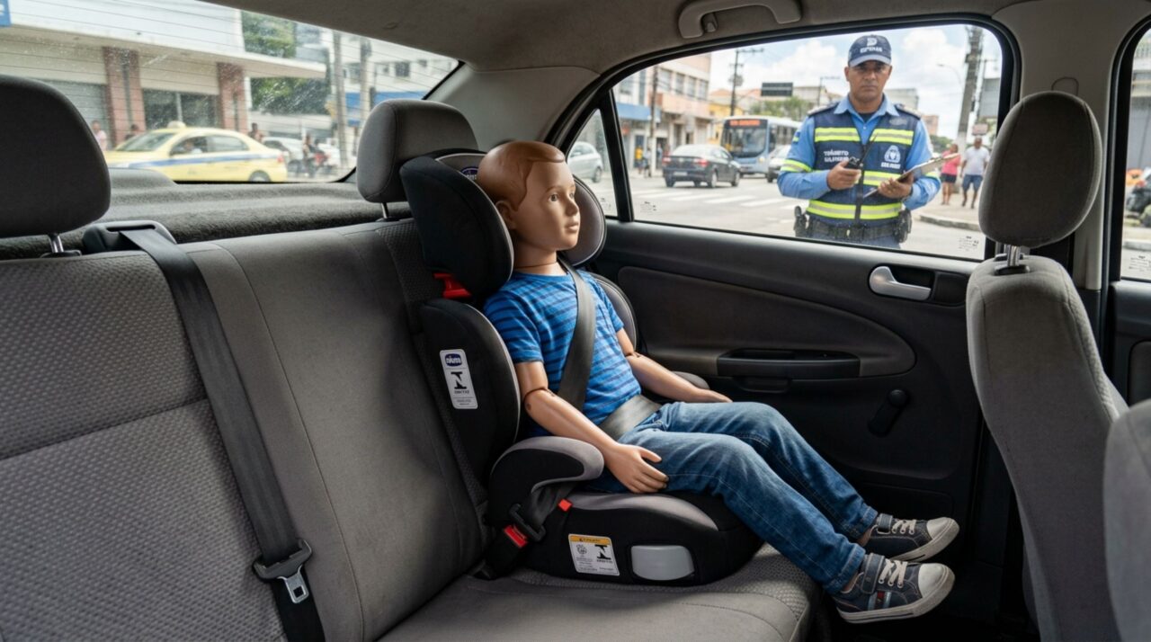 Motorista é parado em blitz levando criança de 6 anos no banco traseiro, diz que ela já usa o cinto do carro e acredita que isso é suficiente, fiscalização explica quando o assento de elevação continua sendo exigido