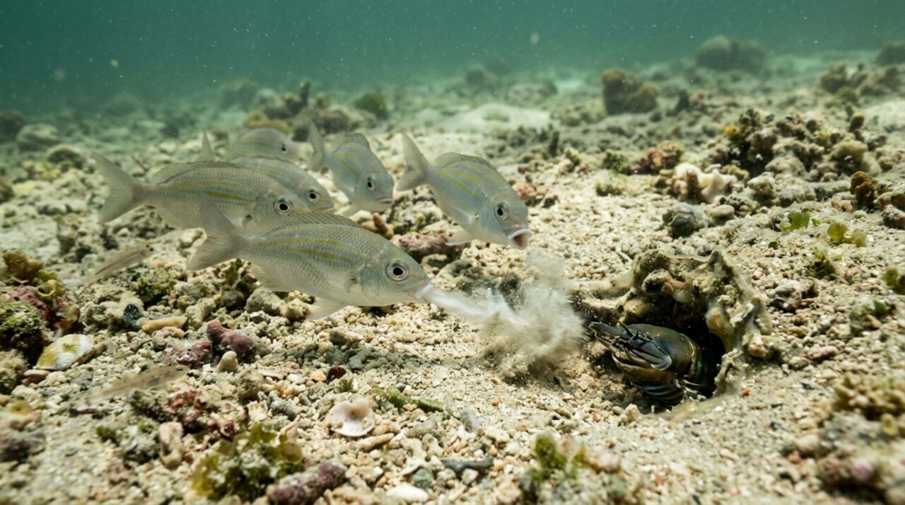 Peixes podem reagir coletivamente ao predador lançando jatos de água sobre a toca