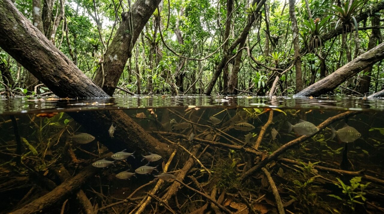 A floresta que passa vários meses completamente alagada e obriga peixes a nadarem entre troncos e copas de árvores em busca de alimento