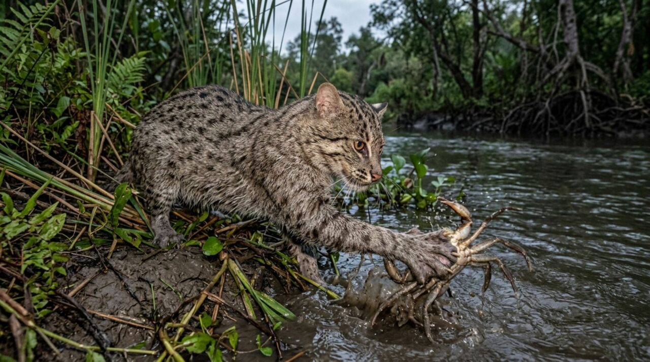 Patas adaptadas e pelagem densa ajudam o felino a caçar em ambientes aquáticos