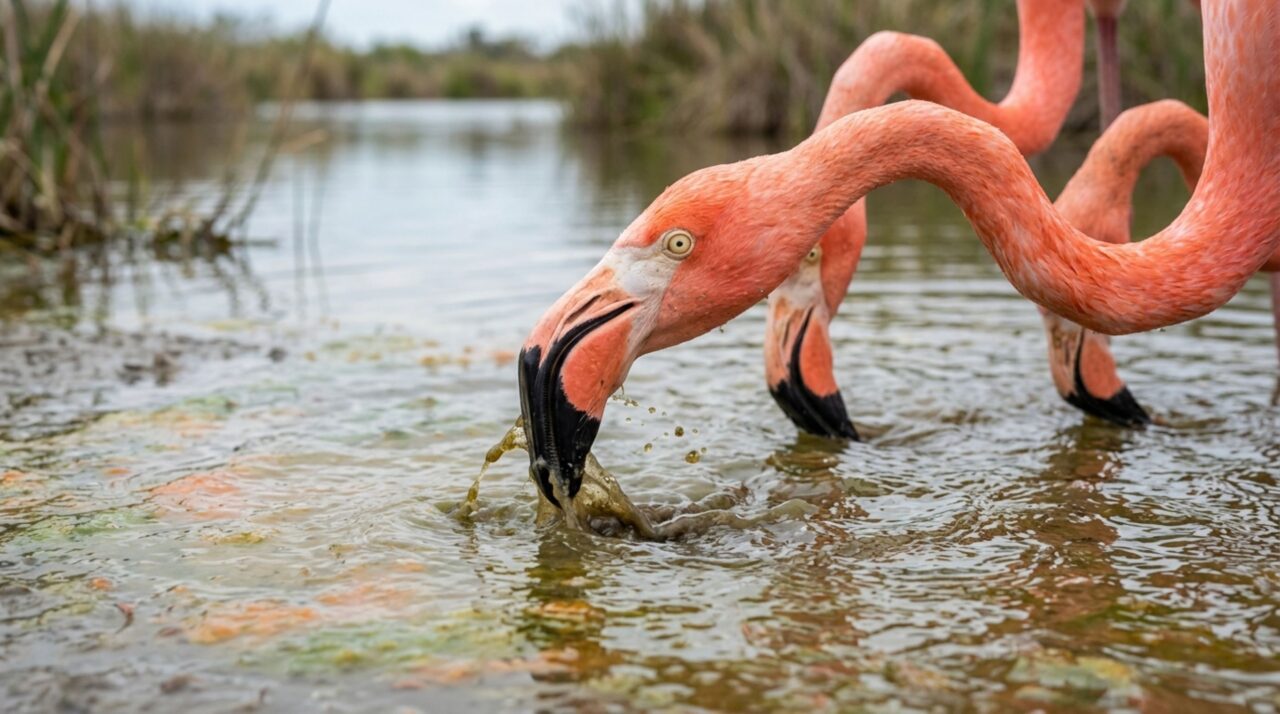 Algas e pequenos organismos aquáticos fornecem carotenoides que são metabolizados pelos flamingos e contribuem para a coloração rosa da plumagem