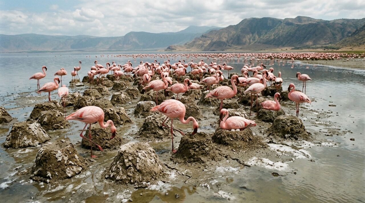 Ninhos de lama em área rasa e isolada do Lago Natron
