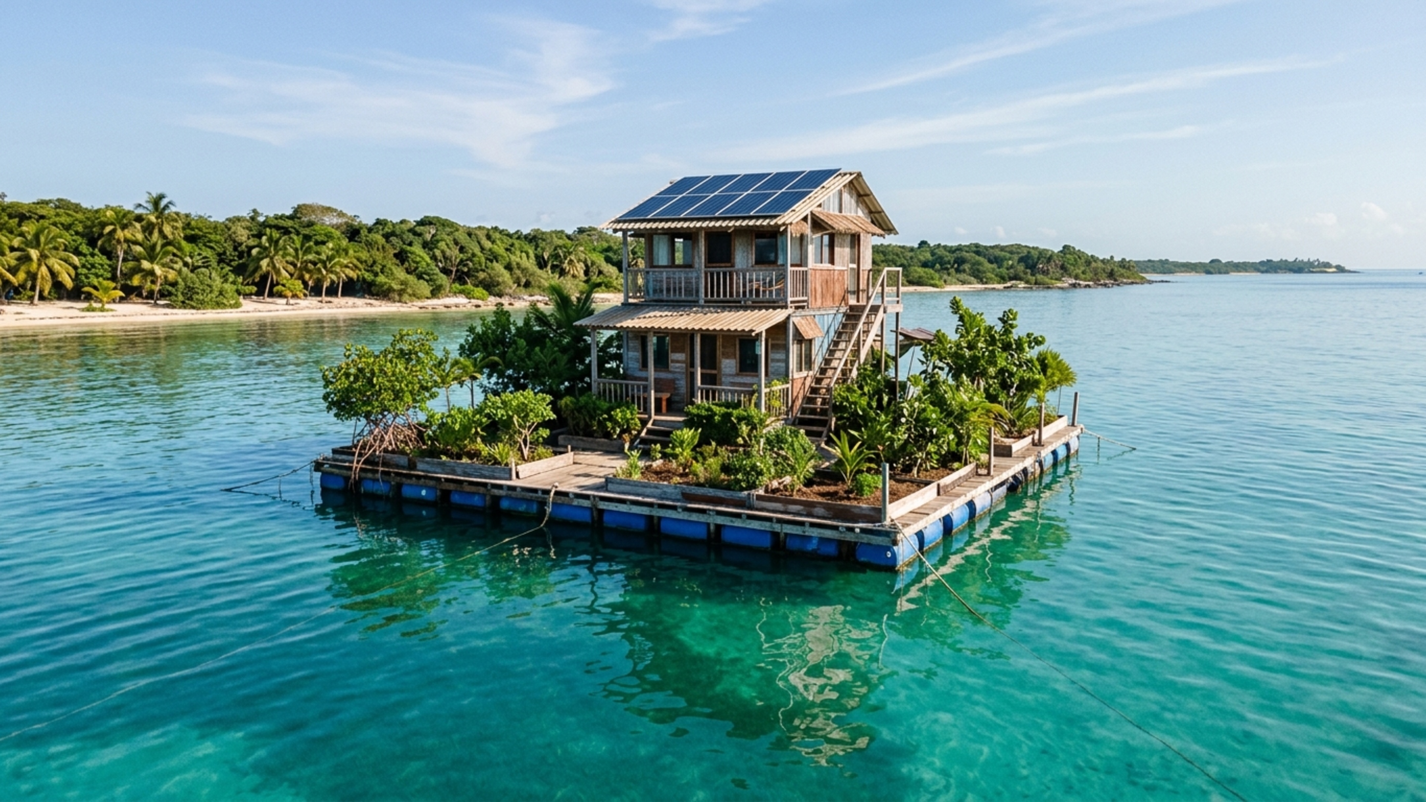Homem usa 150 mil garrafas PET para construir uma ilha flutuante e transforma o lugar em um refúgio no litoral