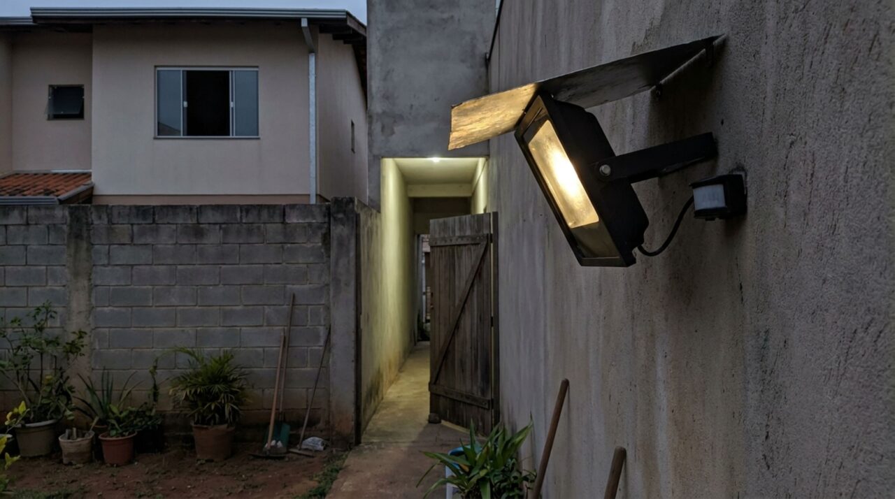 Morador chega em casa e encontra refletor do vizinho voltado para seu quarto, permanecendo aceso durante toda a madrugada, após reclamação, vizinho se nega a retirar equipamento, pois alega que sua segurança está em questão