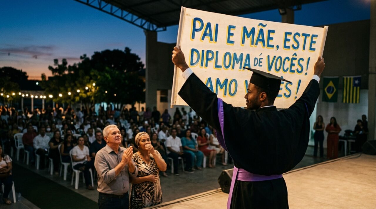 Aos 25 anos, filho de pedreiro e catadora que começou a trabalhar aos 10 anos e precisou de bolsa para chegar à faculdade sobe à colação de grau em Direito de beca e ergue a faixa “o filho do pedreiro com a catadora de castanhas também venceu”, diante dos próprios pais