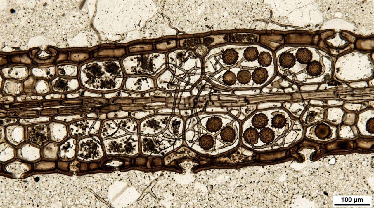 Um fóssil microscópico de 407 milhões de anos preservou uma parceria entre planta e fungo que pode ter ajudado a vida vegetal a conquistar a terra firme